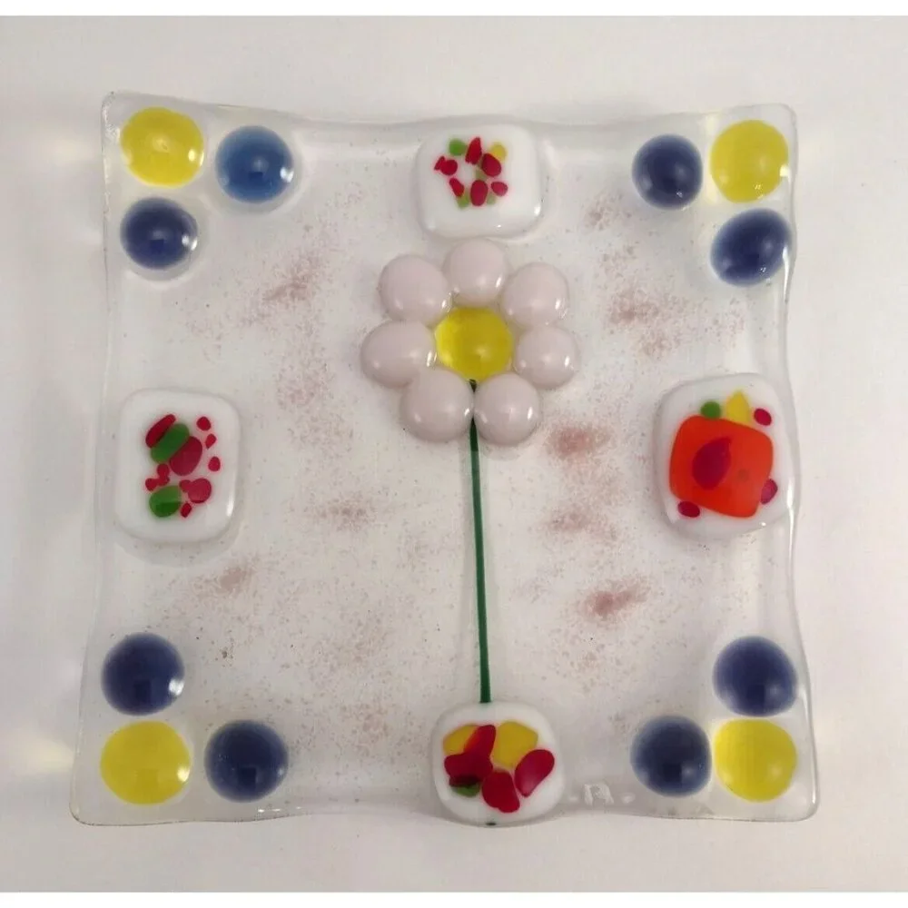 Murano Style Fused Art Glass Trinket Dish Tray Flower Jewelry Square 6
